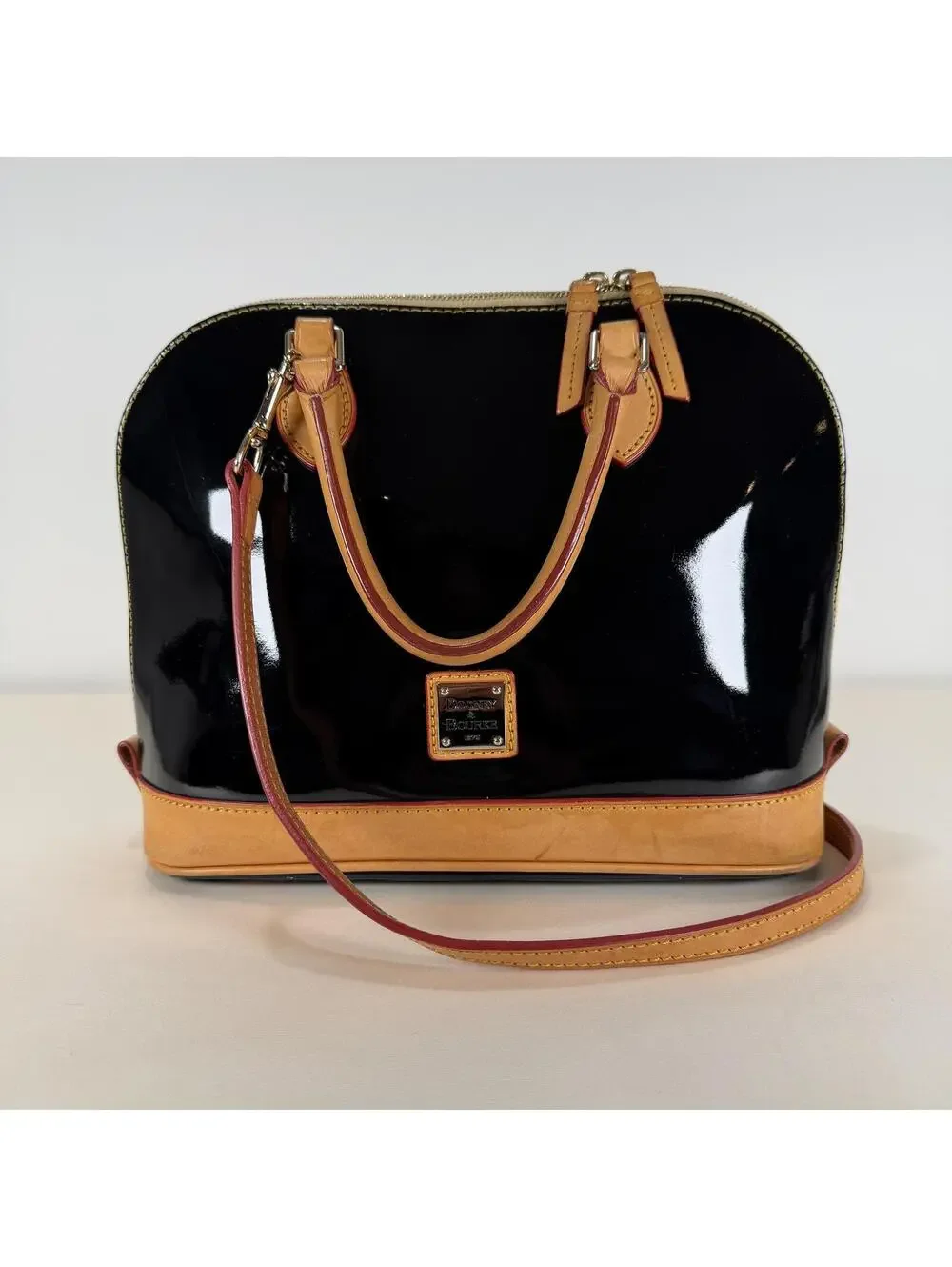 Dooney & Bourke Zip Satchel PV343 Black Patent Leather with Red Interior - Picture 6 of 9